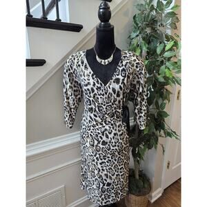 Designed by LM Shift Dress M Ivory Black Leopard Tie Wrap V-Neck Raglan Sleeve